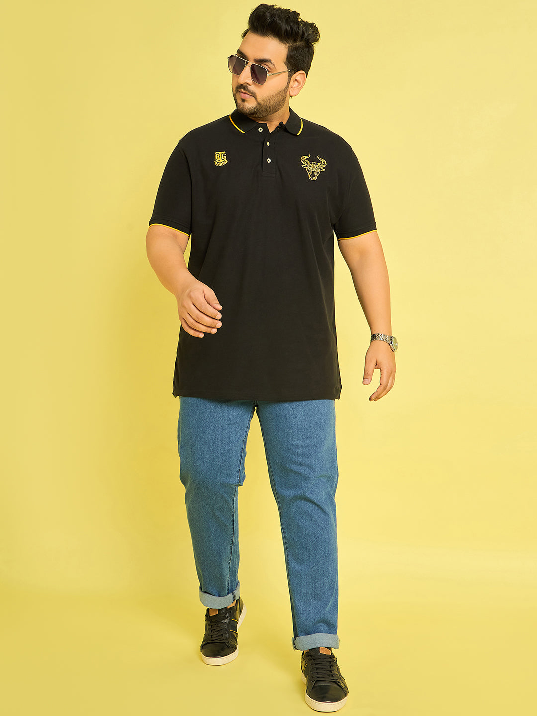 Men Plus Size Colonia-Black Solid Polo Tshirt - bigbanana