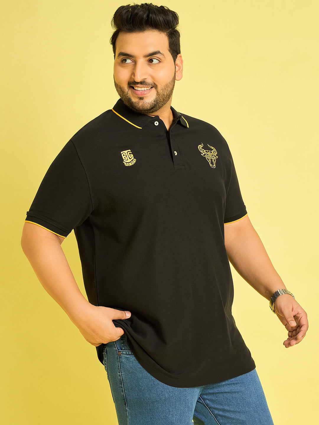 Men Plus Size Colonia-Black Solid Polo Tshirt - bigbanana