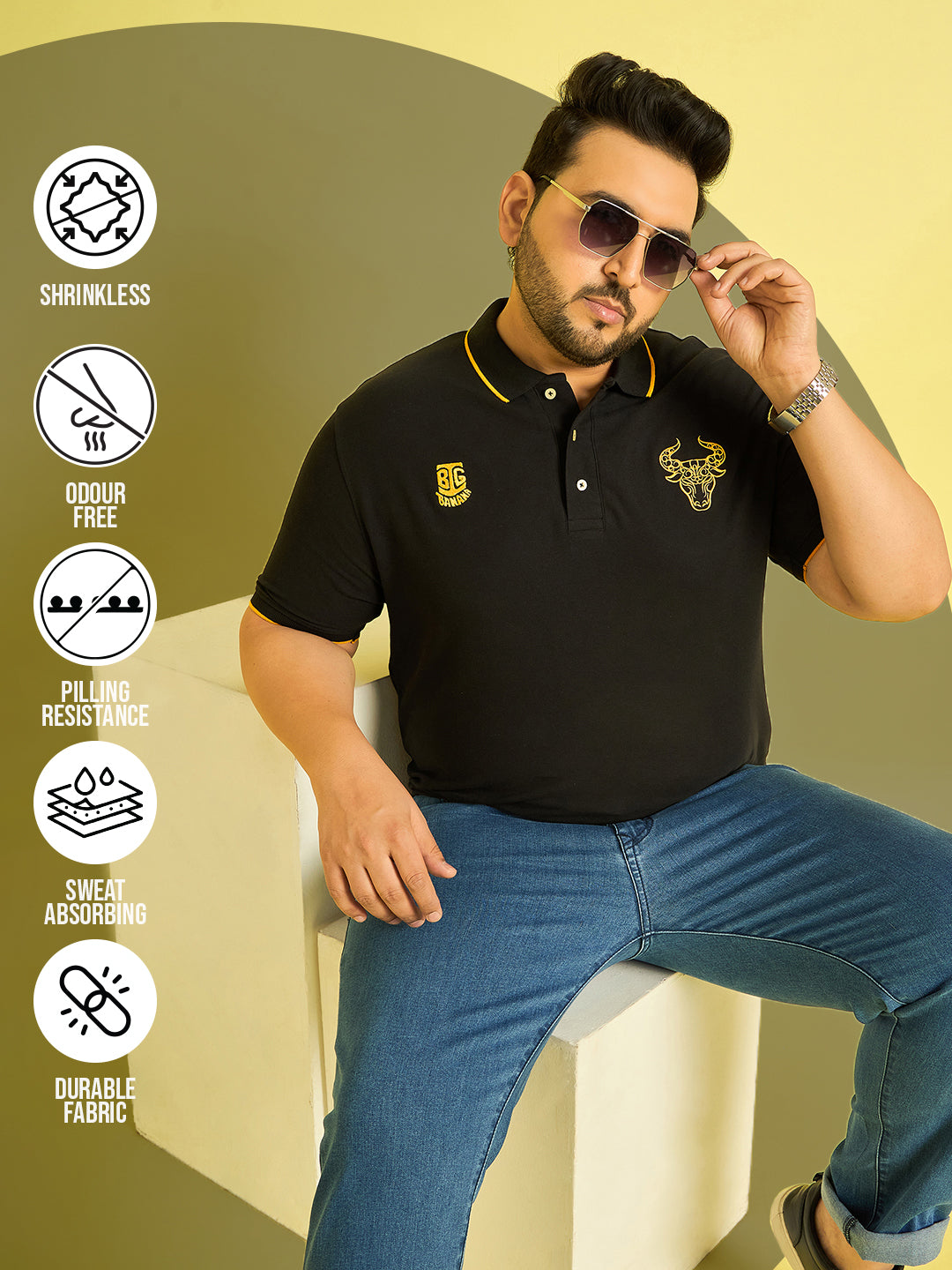 Men Plus Size Colonia-Black Solid Polo Tshirt - bigbanana