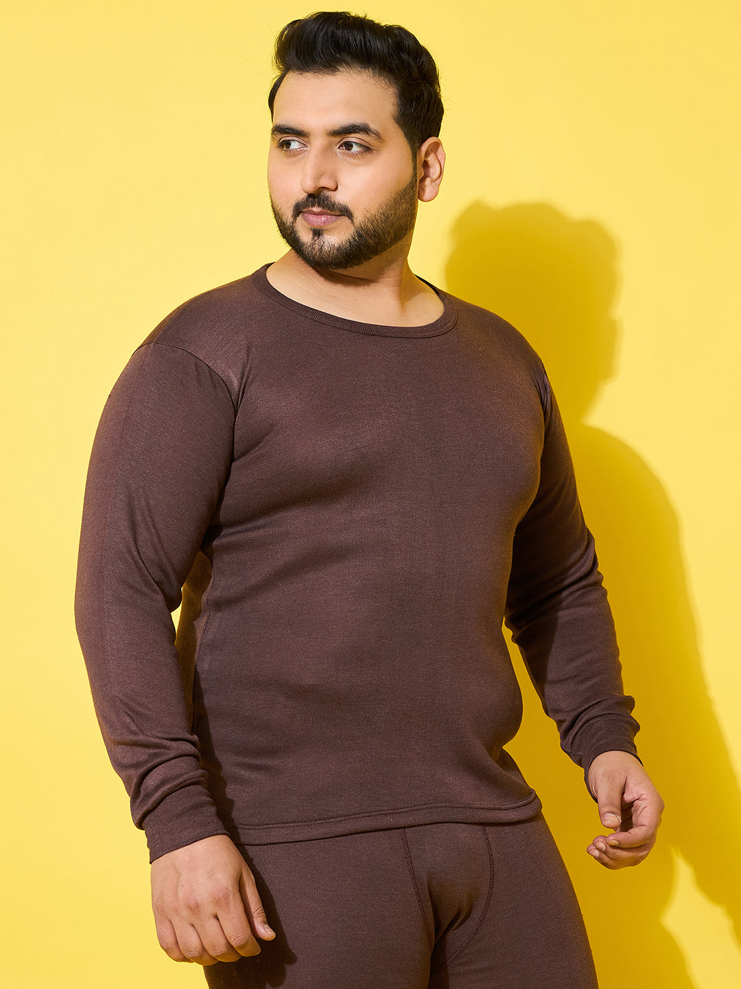 Men Plus Size Cosy-Brown Solid Thermal Top