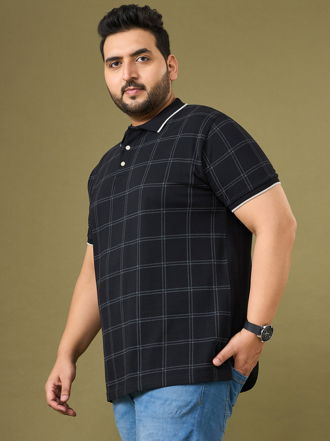 Men Plus Size Cryptic Black Check Polo Tshirt