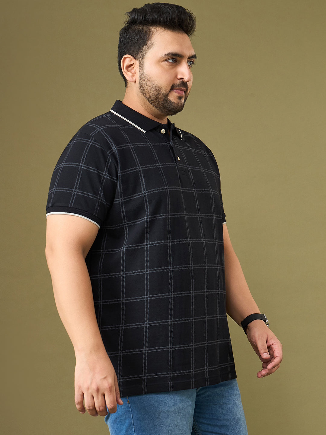 Men Plus Size Cryptic Black Check Polo Tshirt