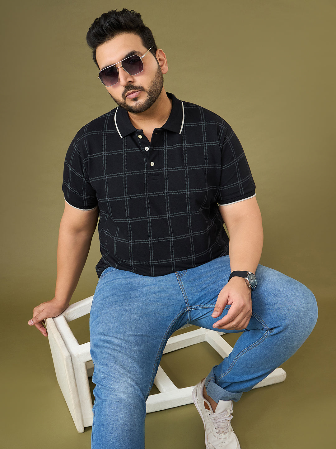 Men Plus Size Cryptic Black Check Polo Tshirt
