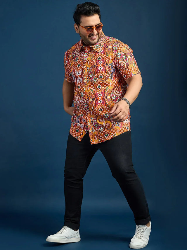 Men Plus Size Denn Self-Design Printed Orange Shirt - bigbanana