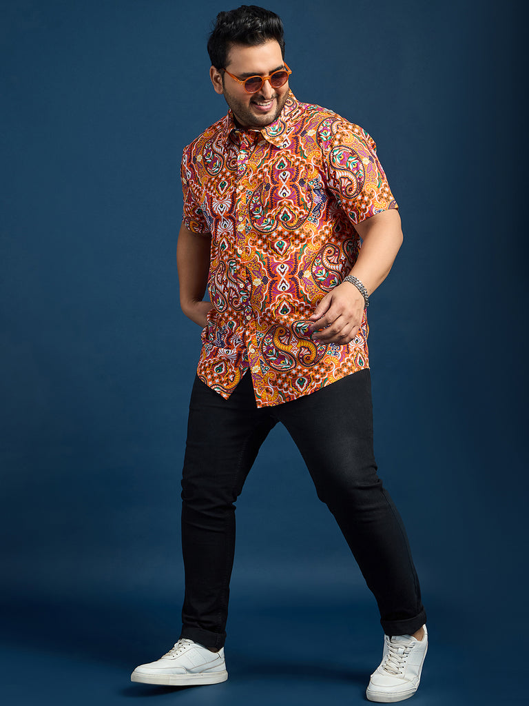 Men Plus Size Denn Self-Design Printed Orange Shirt - bigbanana