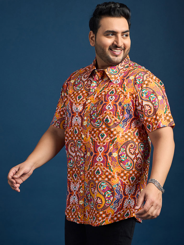 Men Plus Size Denn Self-Design Printed Orange Shirt - bigbanana