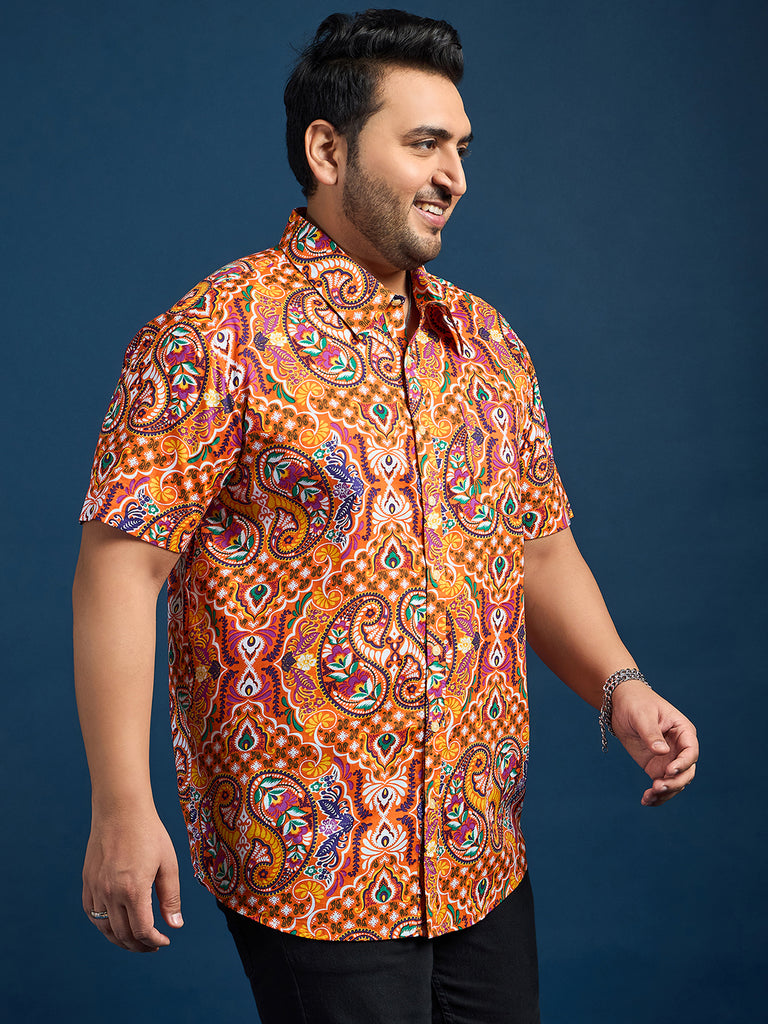 Men Plus Size Denn Self-Design Printed Orange Shirt - bigbanana