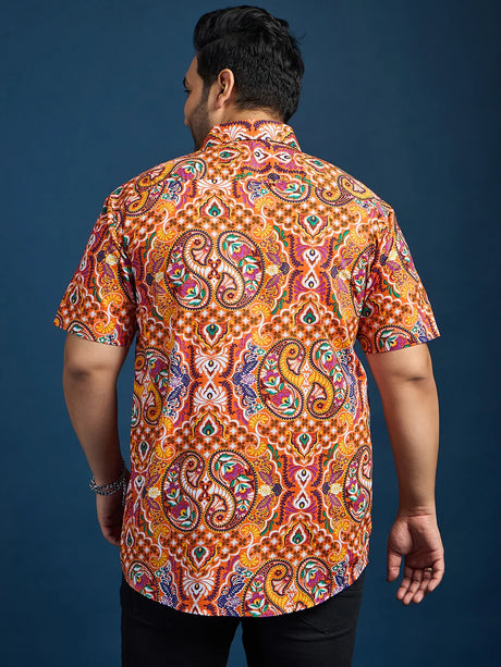 Men Plus Size Denn Self-Design Printed Orange Shirt - bigbanana
