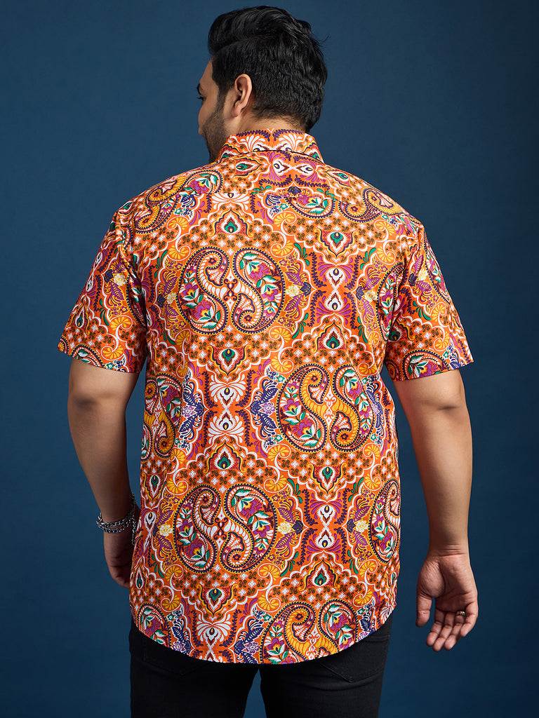 Men Plus Size Denn Self-Design Printed Orange Shirt - bigbanana