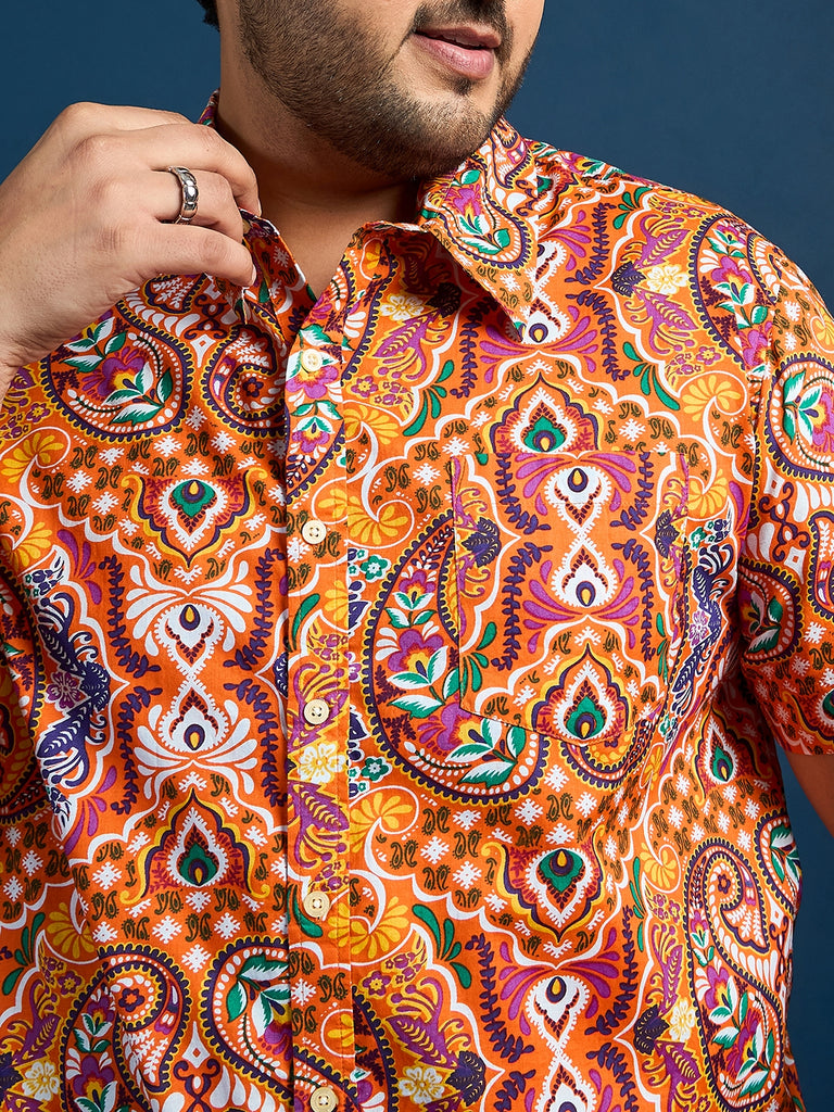 Men Plus Size Denn Self-Design Printed Orange Shirt - bigbanana