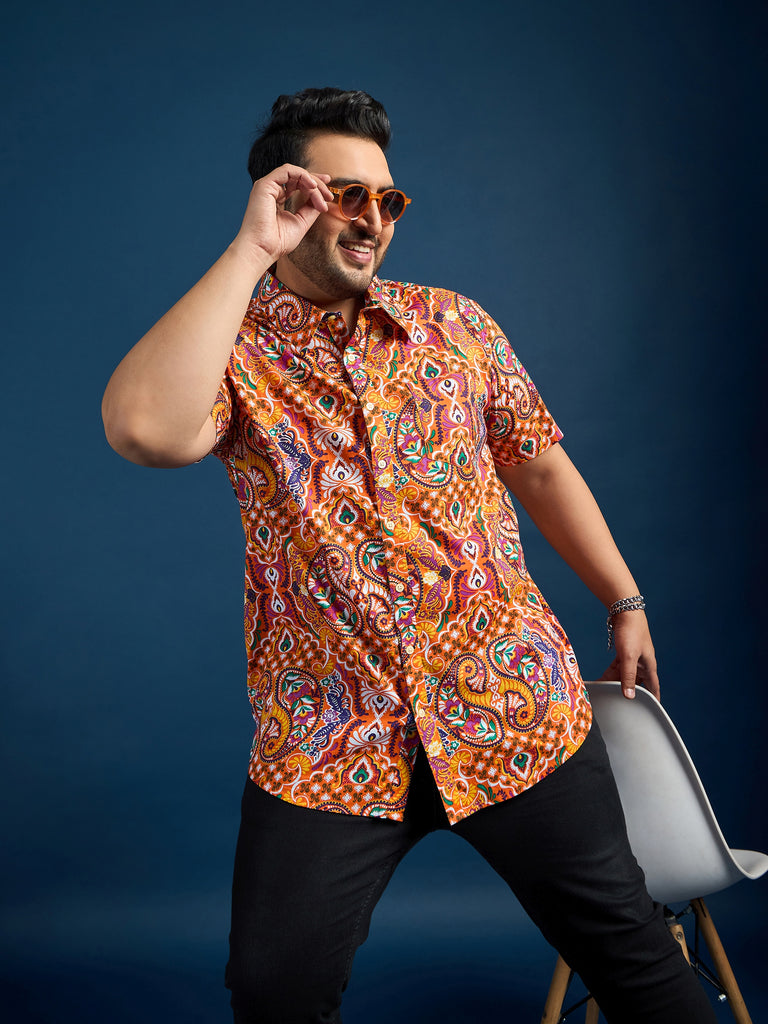 Men Plus Size Denn Self-Design Printed Orange Shirt - bigbanana