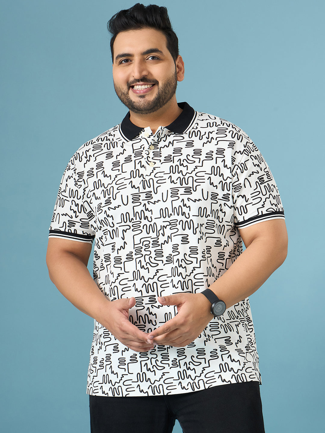 Men Plus Size Doodle White Printed Polo Tshirt
