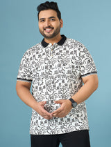 Men Plus Size Doodle White Printed Polo Tshirt