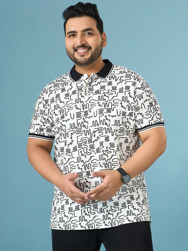 Men Plus Size Doodle White Printed Polo Tshirt