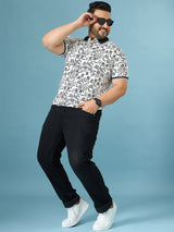 Men Plus Size Doodle White Printed Polo Tshirt