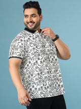Men Plus Size Doodle White Printed Polo Tshirt