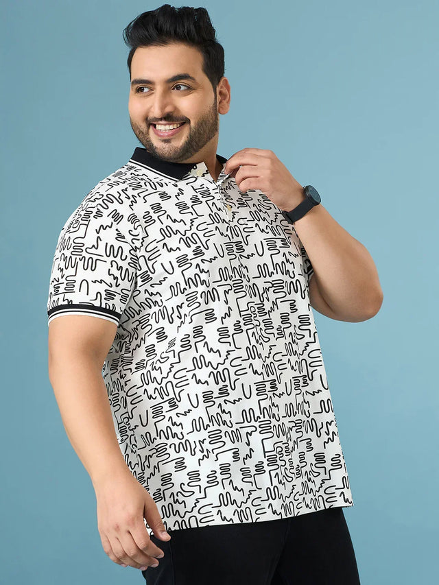 Men Plus Size Doodle White Printed Polo Tshirt