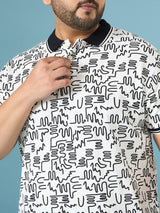 Men Plus Size Doodle White Printed Polo Tshirt