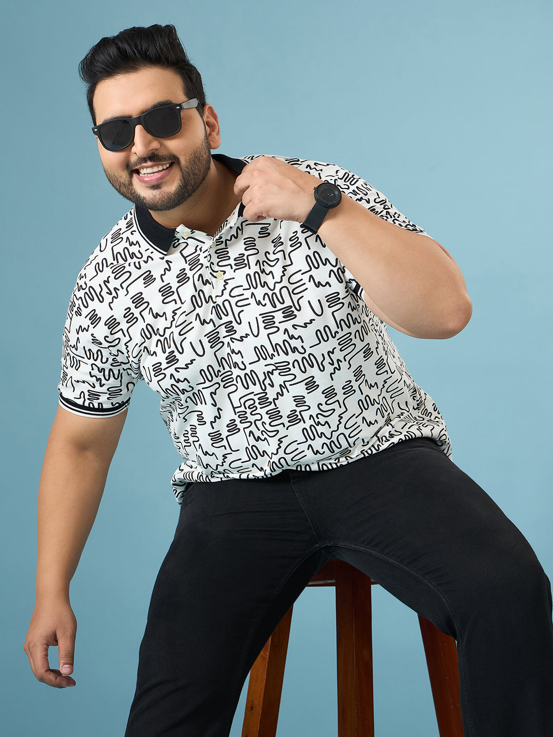 Men Plus Size Doodle White Printed Polo Tshirt