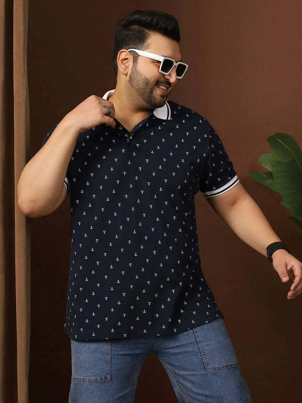 Men Plus Size Edge Printed Navy Polo Tshirt