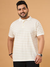 Men Plus Size Elegant White Striped Polo Tshirt
