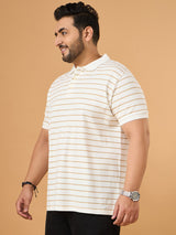 Men Plus Size Elegant White Striped Polo Tshirt