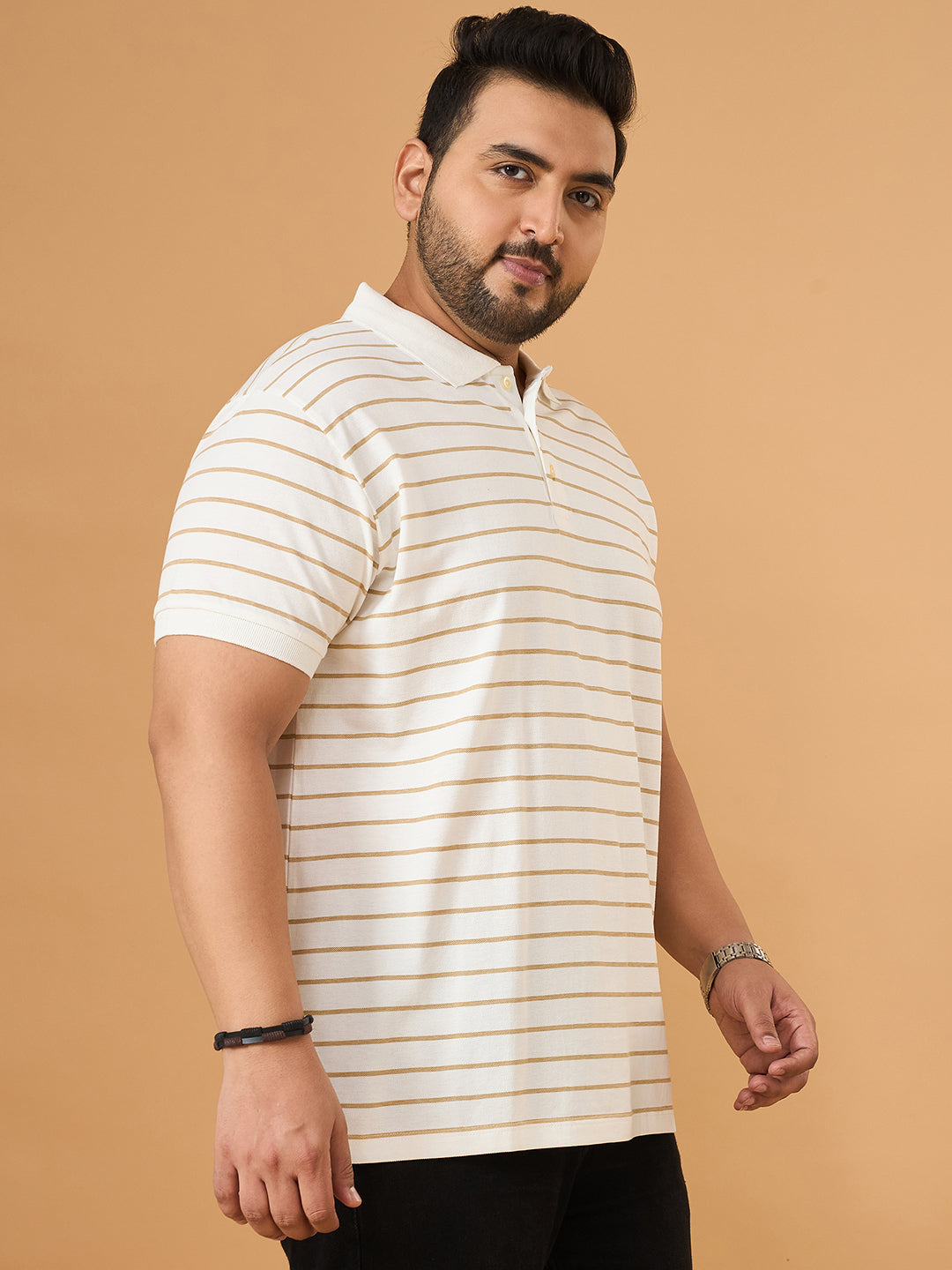 Men Plus Size Elegant White Striped Polo Tshirt