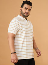 Men Plus Size Elegant White Striped Polo Tshirt
