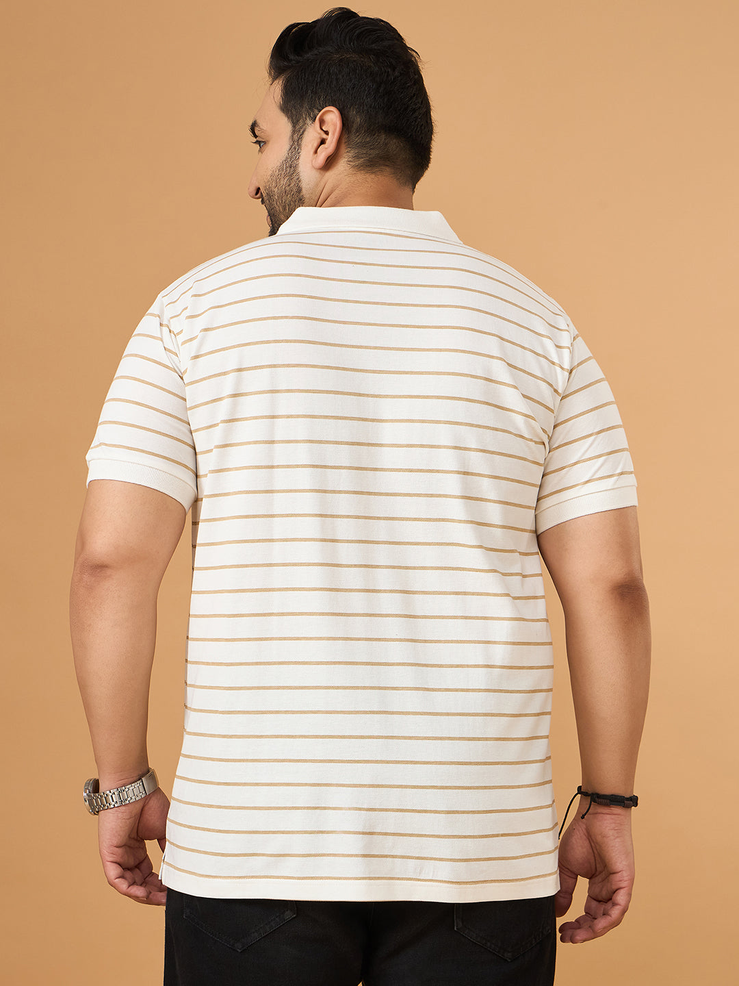 Men Plus Size Elegant White Striped Polo Tshirt
