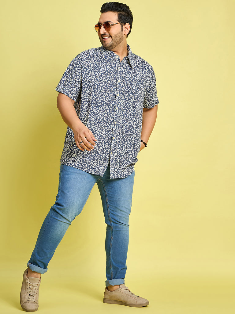 Men Plus Size Eliud Floral Print /Blue Colors Shirt - bigbanana