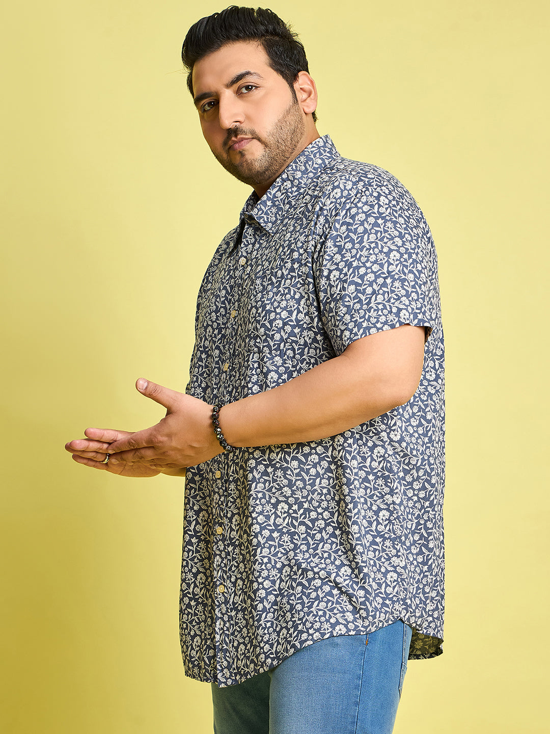 Men Plus Size Eliud Floral Print /Blue Colors Shirt - bigbanana