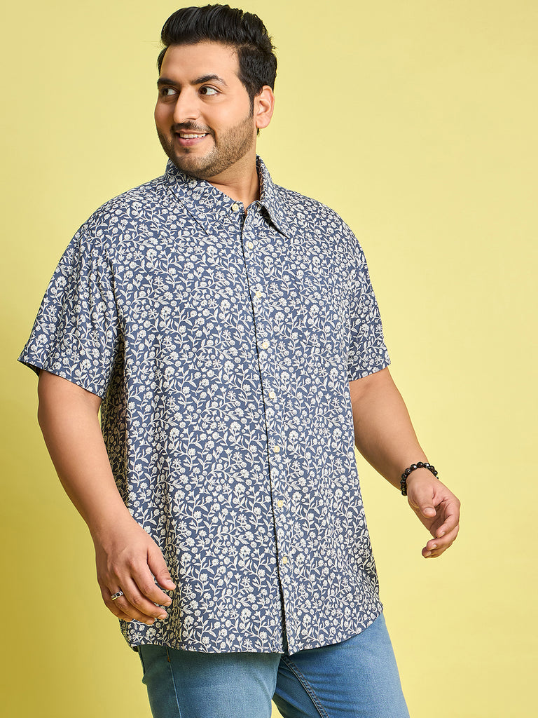 Men Plus Size Eliud Floral Print /Blue Colors Shirt - bigbanana