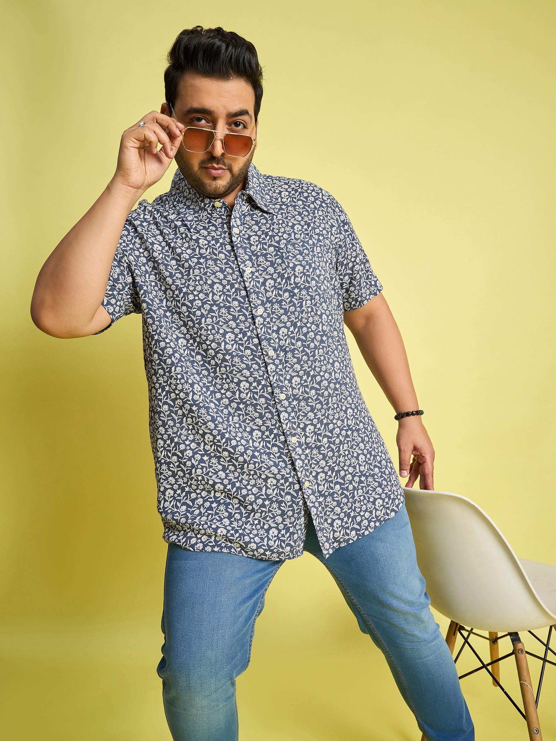 Men Plus Size Eliud Floral Print /Blue Colors Shirt - bigbanana