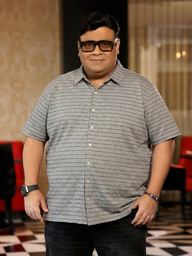 Men Plus Size Epoch Grey Striped Casual Shirt