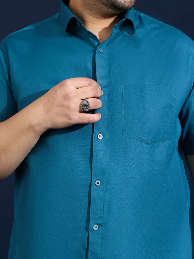 Men Plus Size Ethan-Blue Blue Solid Shirt - bigbanana