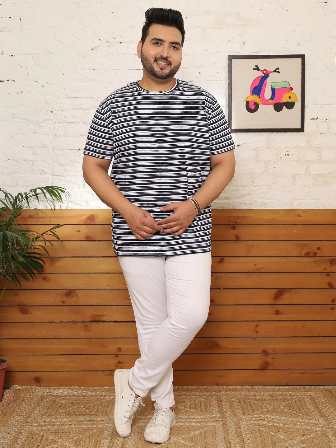 Men Plus Size Fadeon Striped Multicolored Round Neck Tshirt - bigbanana