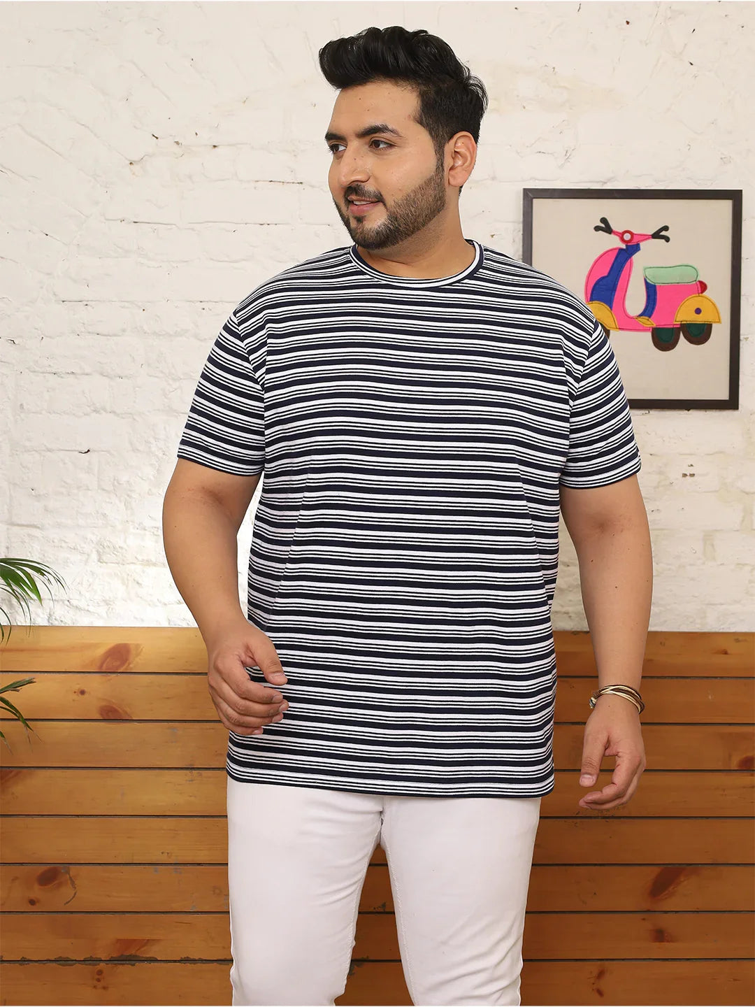 Men Plus Size Fadeon Striped Multicolored Round Neck Tshirt - bigbanana