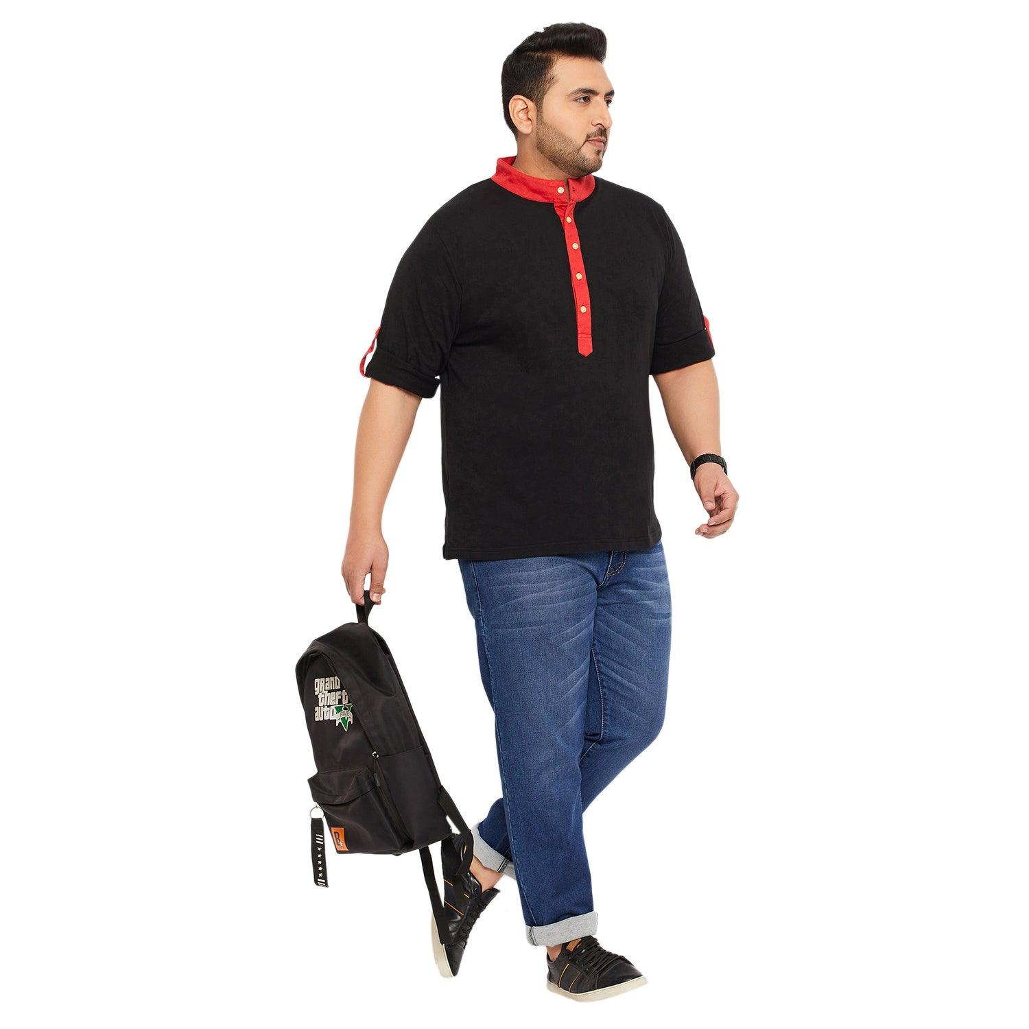 Men Plus Size Fantco-Black Solid Henley Tshirt - bigbanana