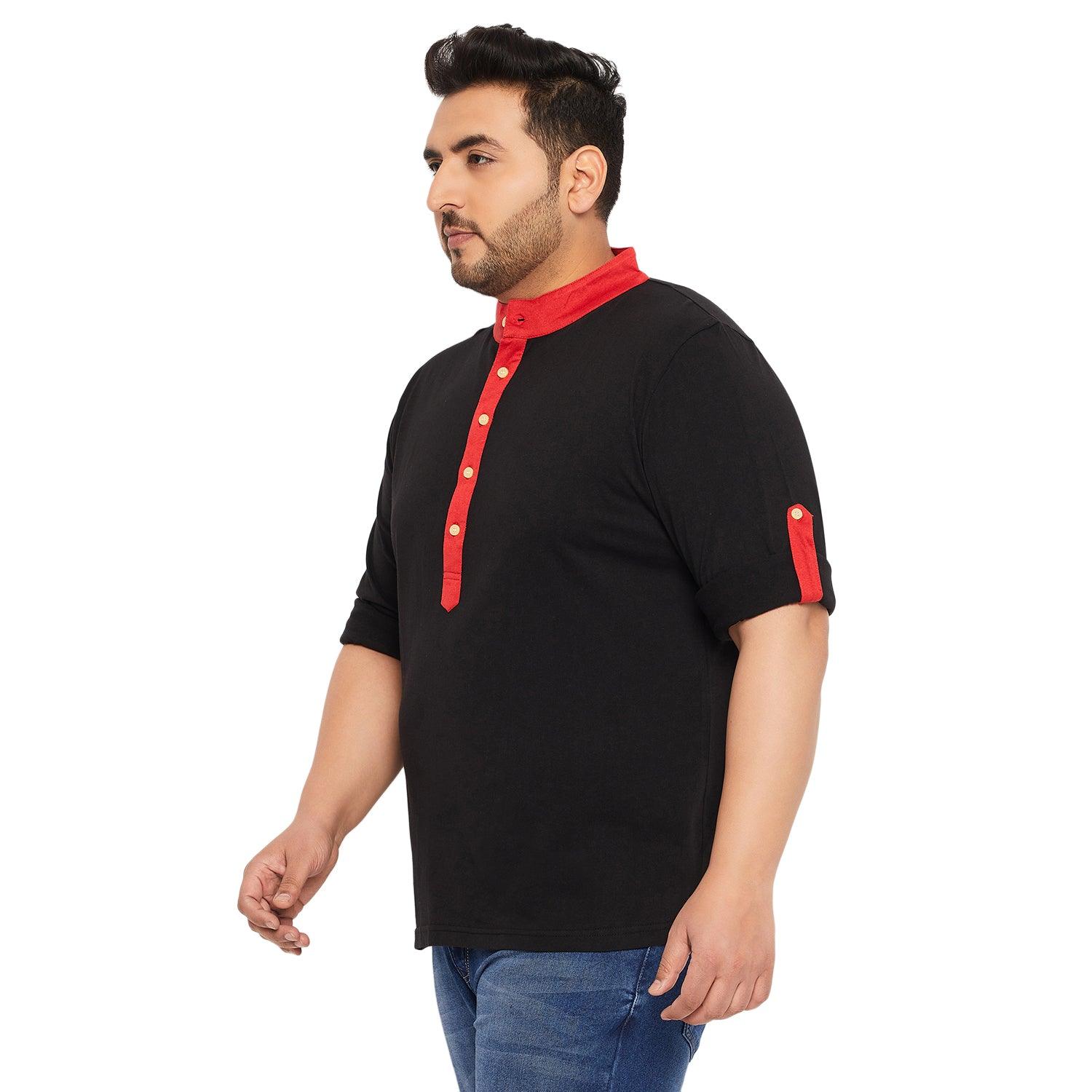 Men Plus Size Fantco-Black Solid Henley Tshirt - bigbanana