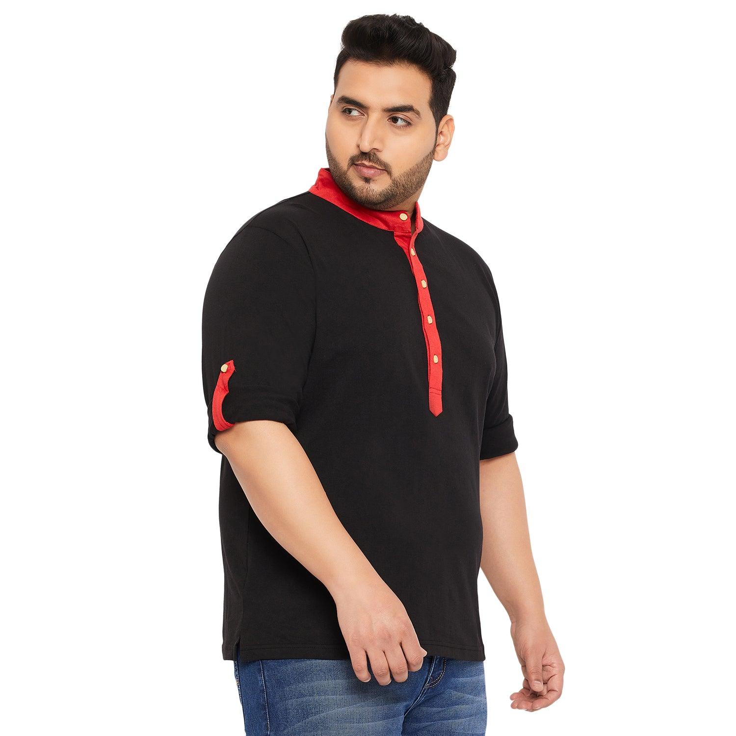 Men Plus Size Fantco-Black Solid Henley Tshirt - bigbanana