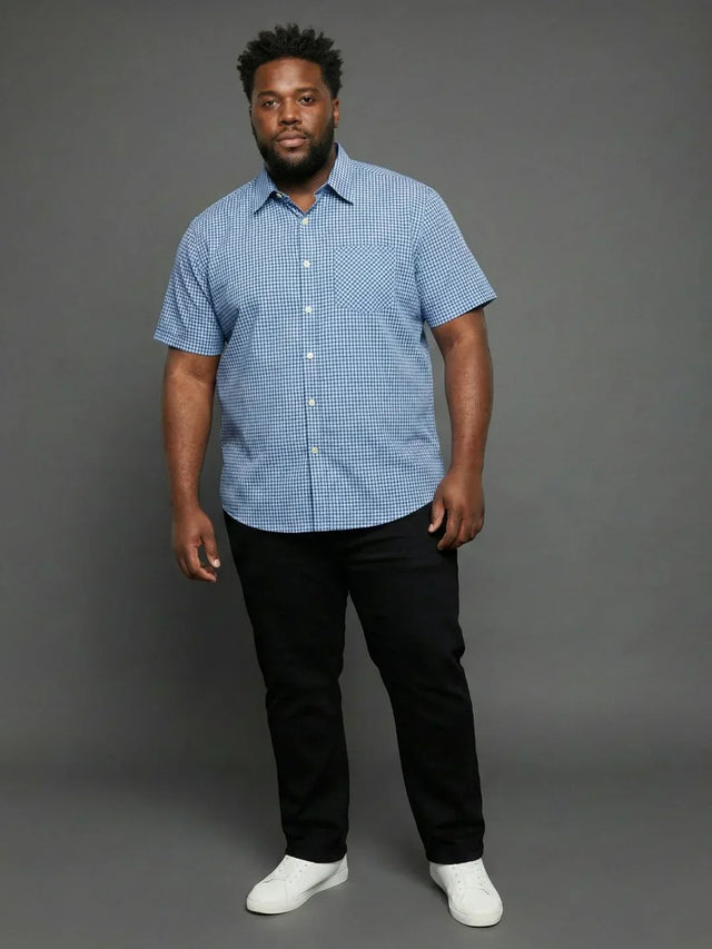 Men Plus Size Feather Sky-Blue Checkered Casual Shirt