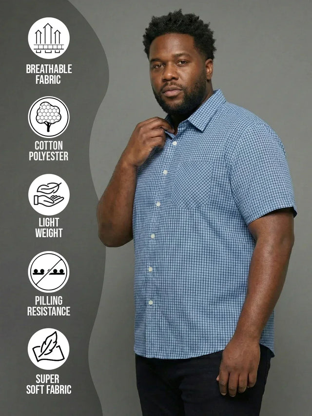 Men Plus Size Feather Sky-Blue Checkered Casual Shirt