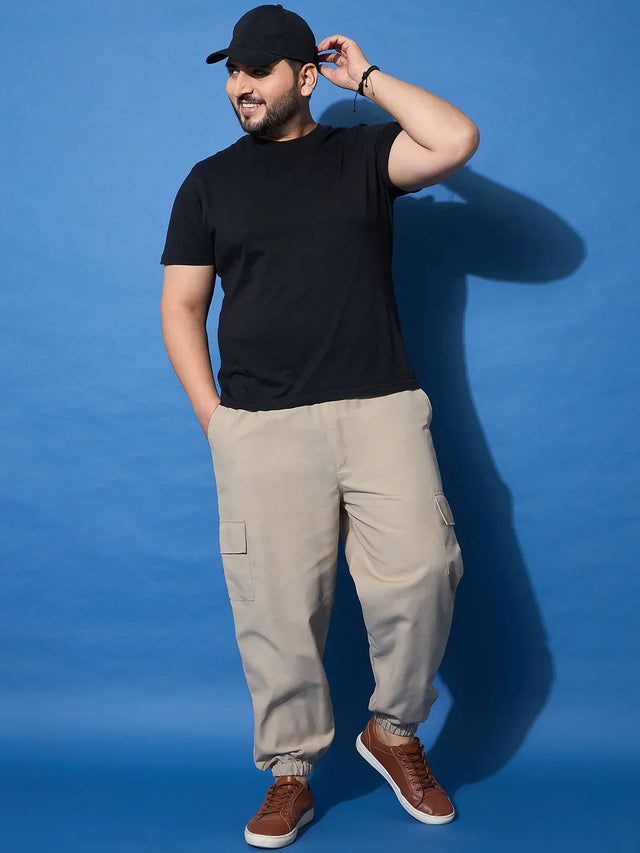 Men Plus Size Flex-Beige Solid Trouser