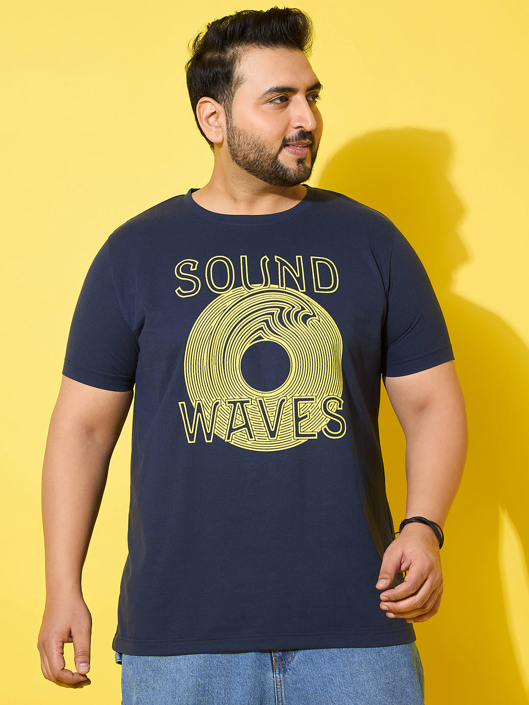 Men Plus Size Frequency Navy Printed Round Neck Tshirt