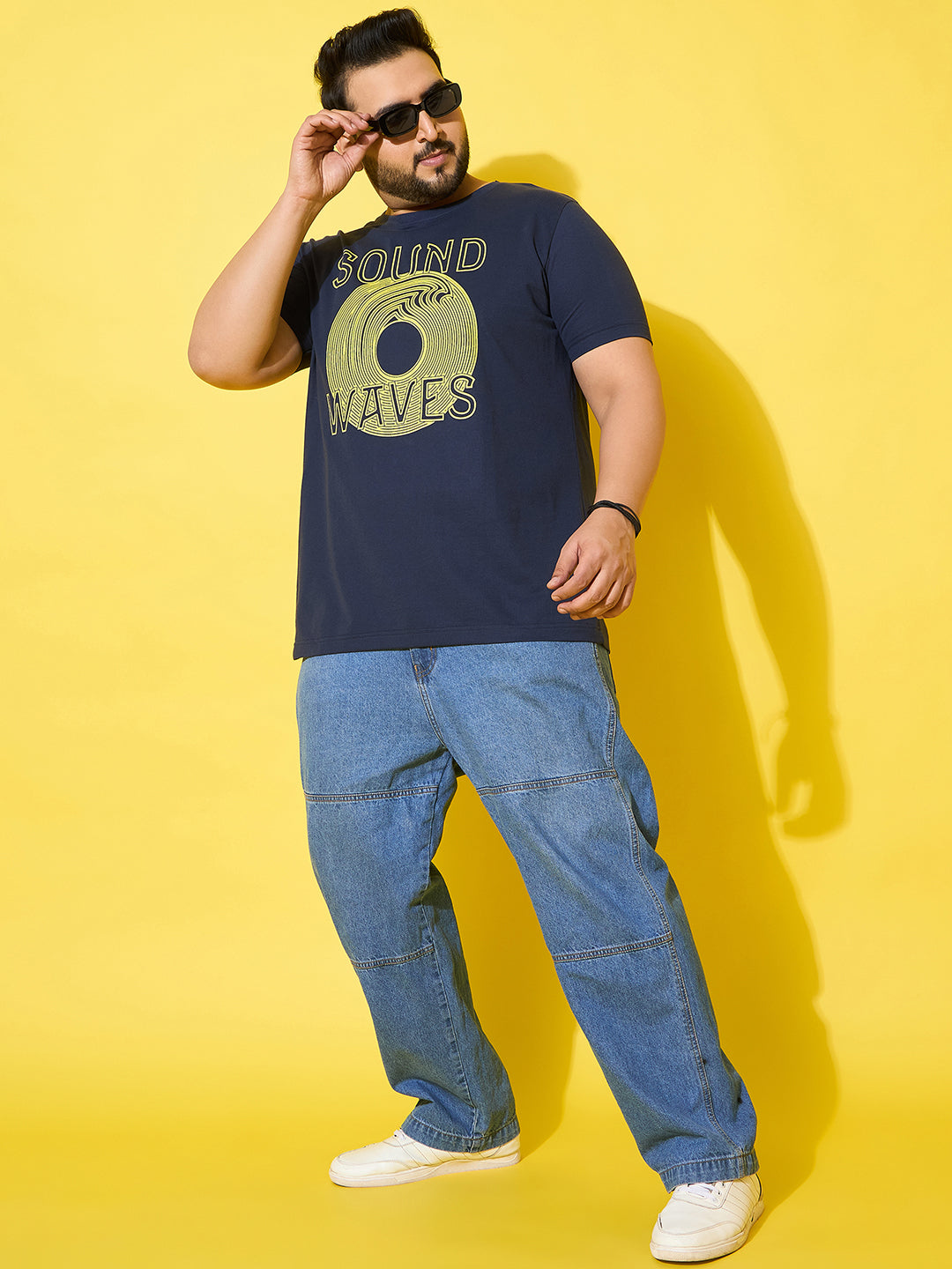 Men Plus Size Frequency Navy Printed Round Neck Tshirt