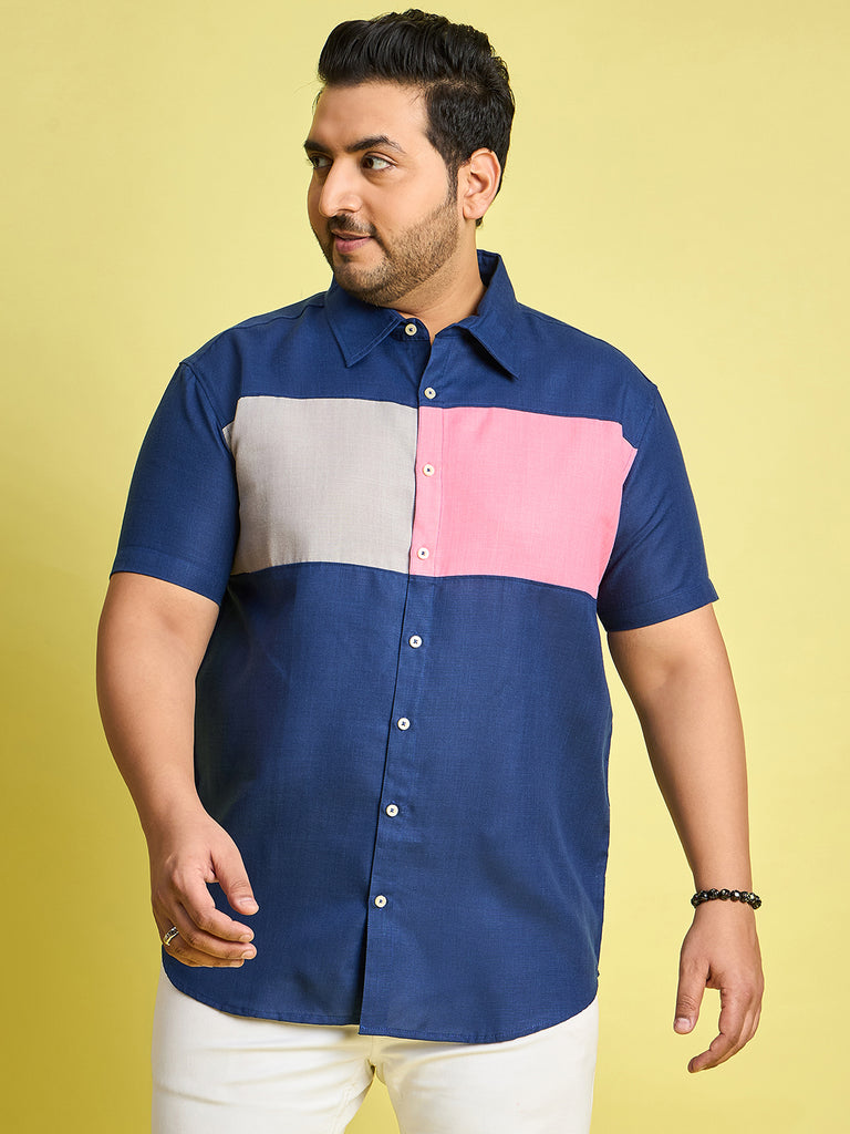 Men Plus Size Gegee-Blue Colorblock Shirt - bigbanana