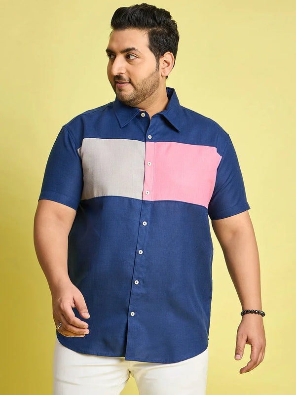 Men Plus Size Gegee-Blue Colorblock Shirt