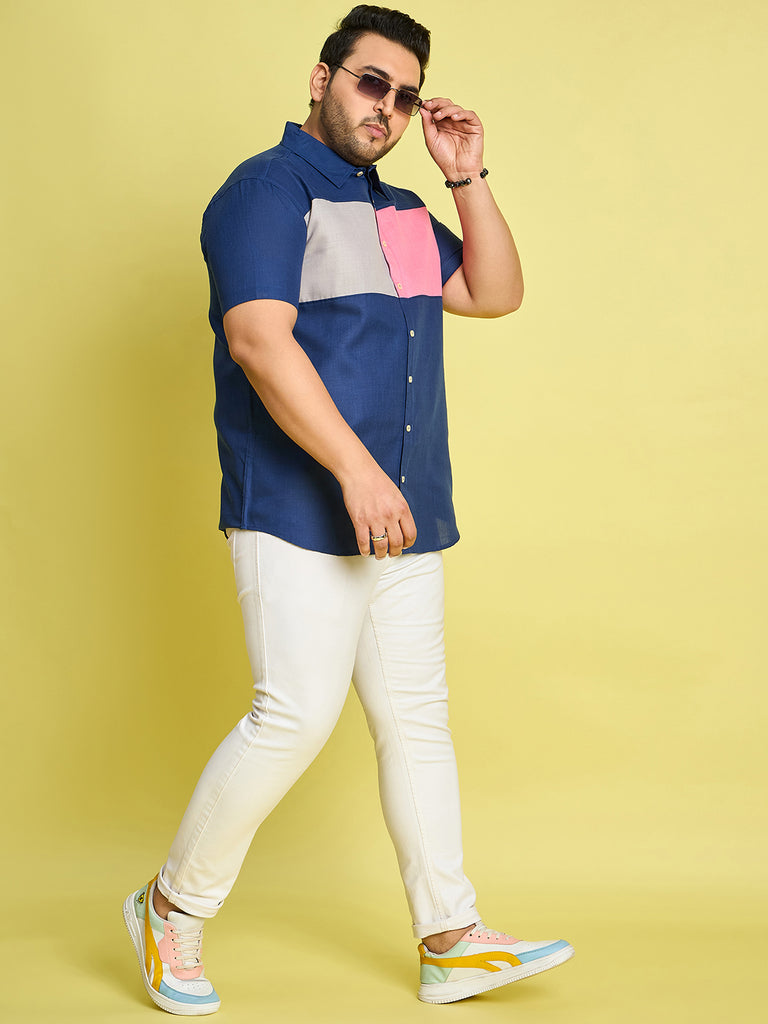 Men Plus Size Gegee-Blue Colorblock Shirt - bigbanana