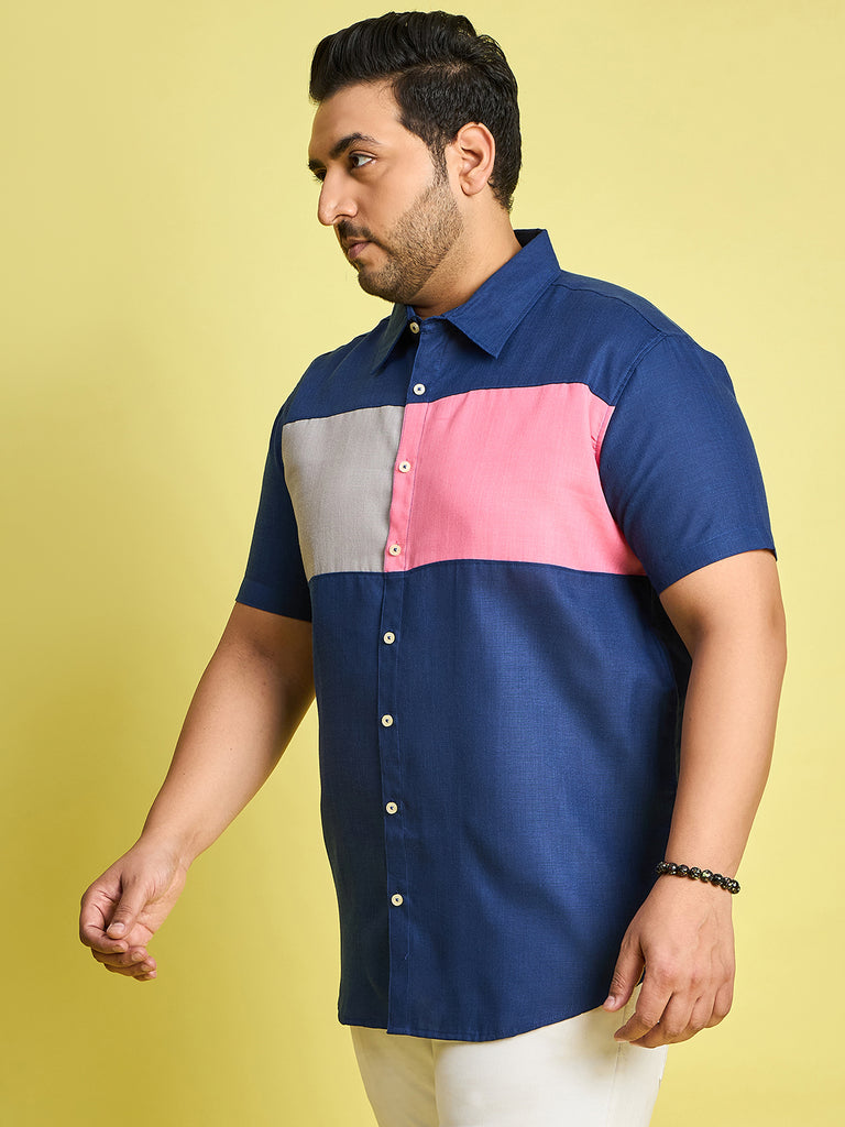 Men Plus Size Gegee-Blue Colorblock Shirt - bigbanana