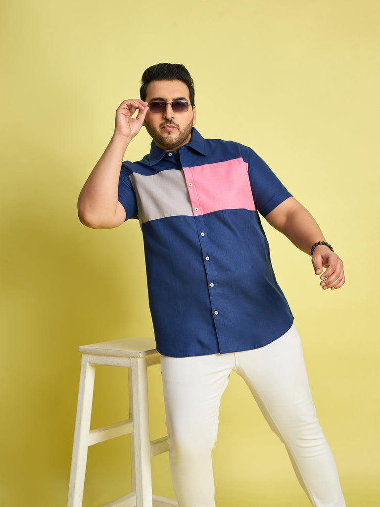 Men Plus Size Gegee-Blue Colorblock Shirt - bigbanana